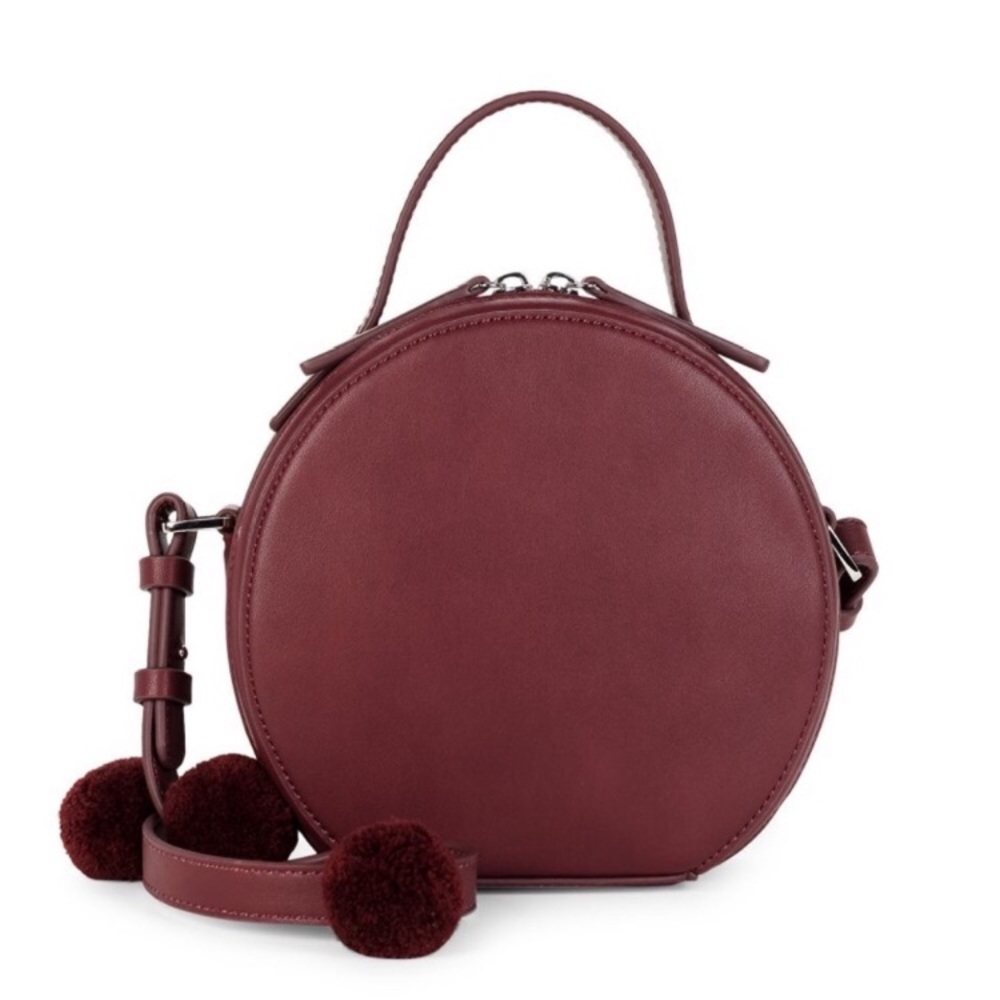 French Connection Burgundy Pom Round Crossbody Bag